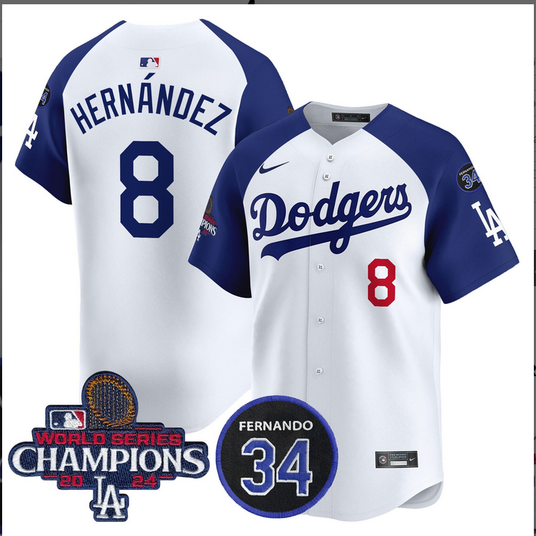 Men MLB Los Angeles Dodgers #8 Hernandez white 2024 World Series Champions Patch Limited Jersey->los angeles dodgers->MLB Jersey